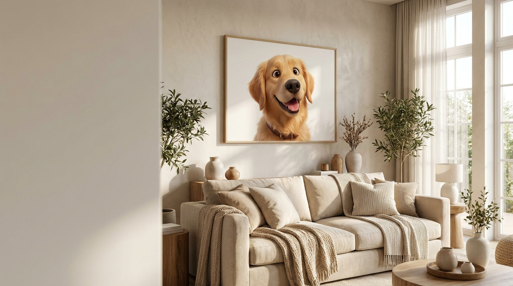 Custom pet portrait canvas displayed in a cozy living room